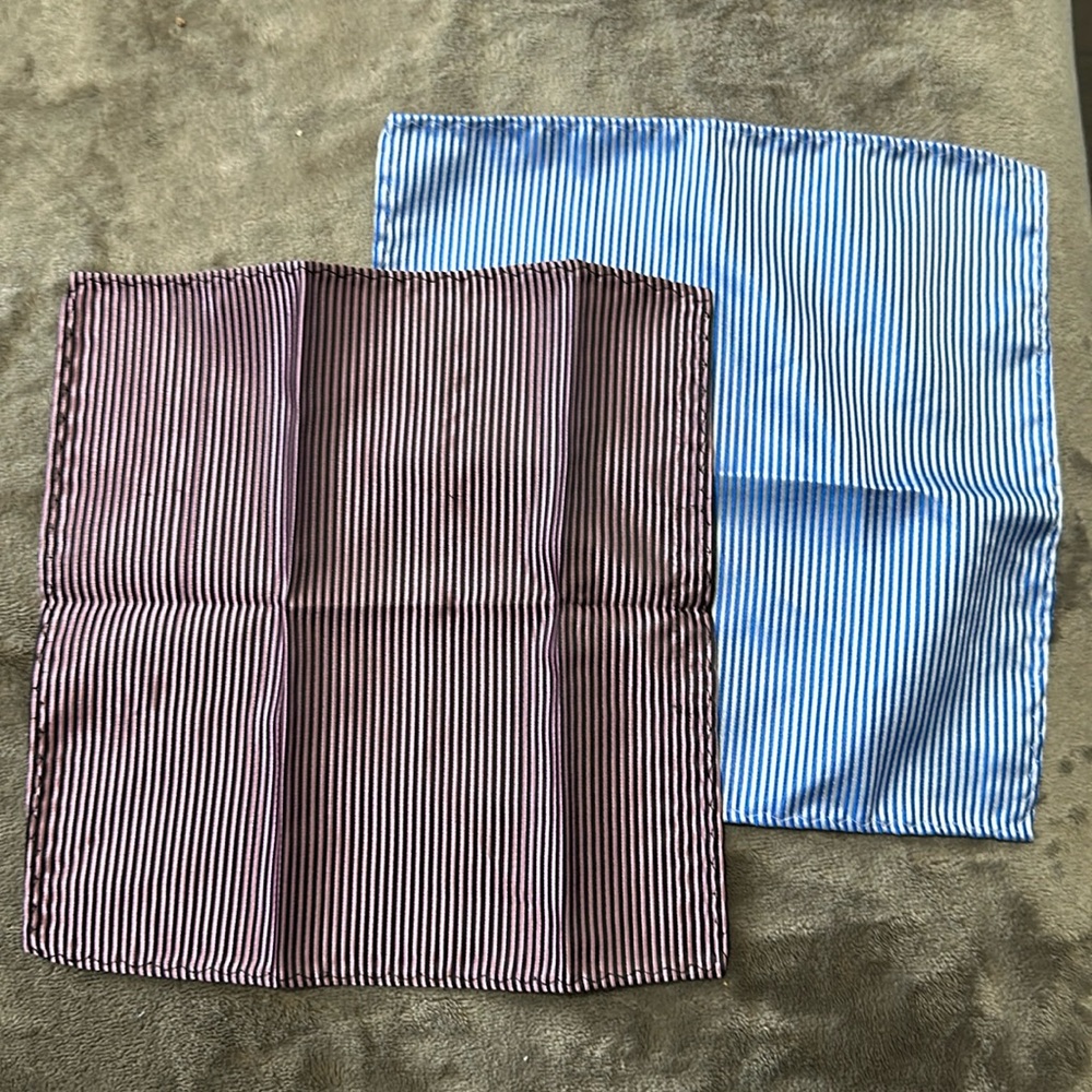 2 Men’s Pocket Squares. Blue and Purple with lines.